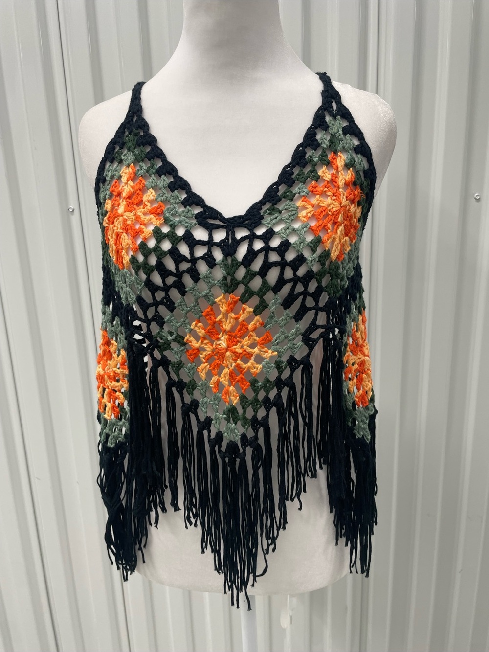 Black Crochet Macrame Fringe Granny Square Tank Medium Boho Festival Whimsigoth